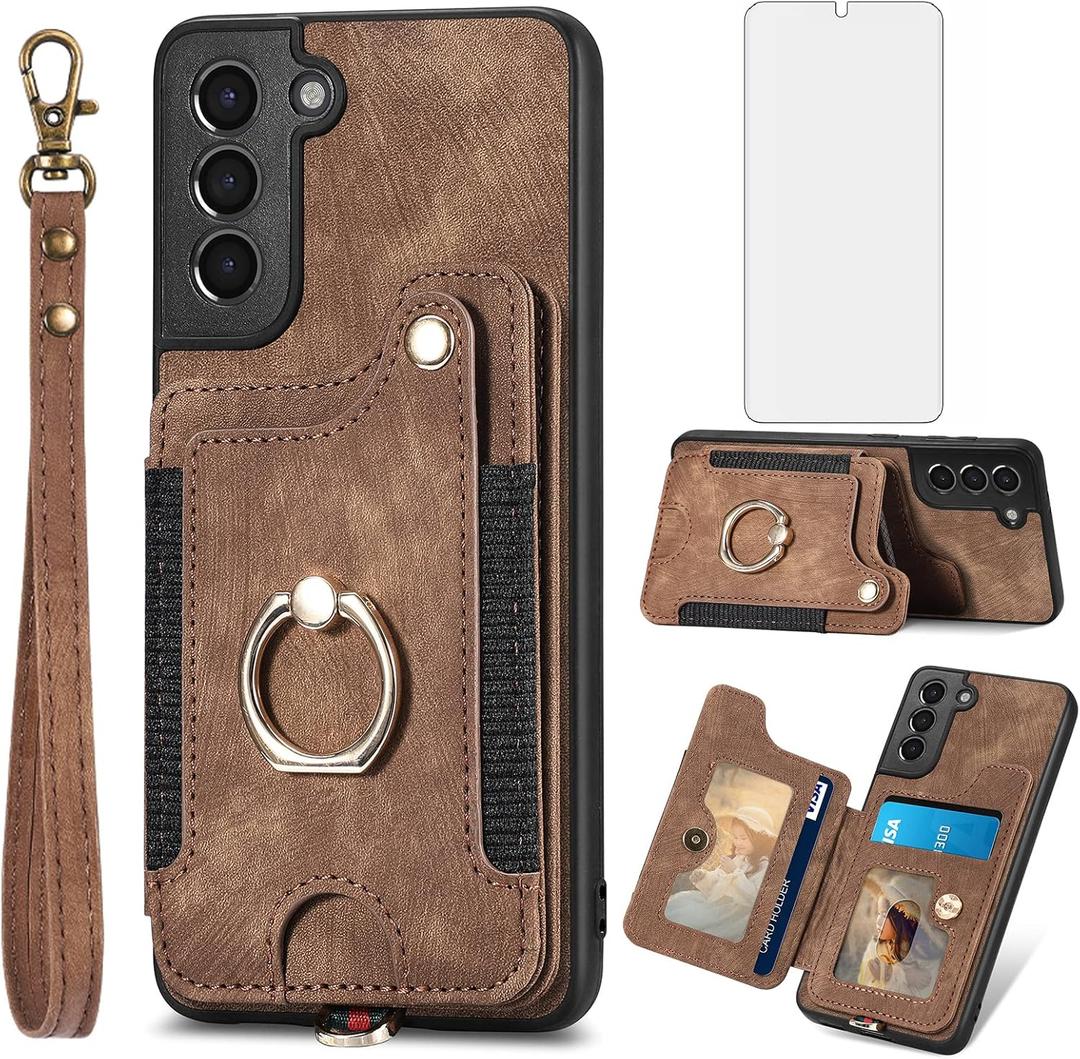 Phone Case for Samsung Galaxy S21 5G 6.2 inch Wallet Cover with Tempered Glass Screen Protector and Wrist Strap Lanyard RFID Credit Card Holder Ring Stand Cell Accessories S 21 21S G5 Women Men Brown