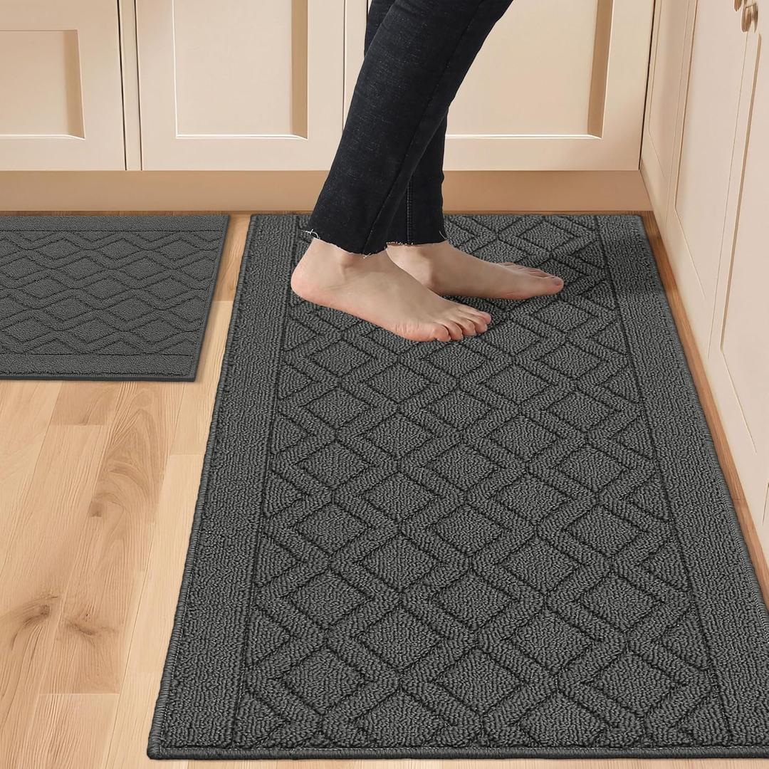 COSY HOMEER 48x20 Inch/30X20 Inch Kitchen Rug Mats Made of 100% Polypropylene 2 Pieces Soft Kitchen Mat Specialized in Anti Slippery and Machine Washable (Grey) (20"x30"+20"x48")