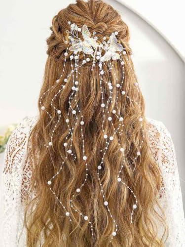 CASDRE Butterflies Bride Wedding Hair Vine Silver Pearl Bridal Headband Rhinestone Headpiece Hair Accessories for Women and Girls