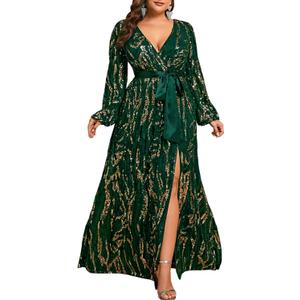 Women's Plus Sized Long-Sleeved Sequined Dress V-Neck Design high Slit Oversized Skirt Formal Ball Gown Party Evening Dress (Green, XXXL)