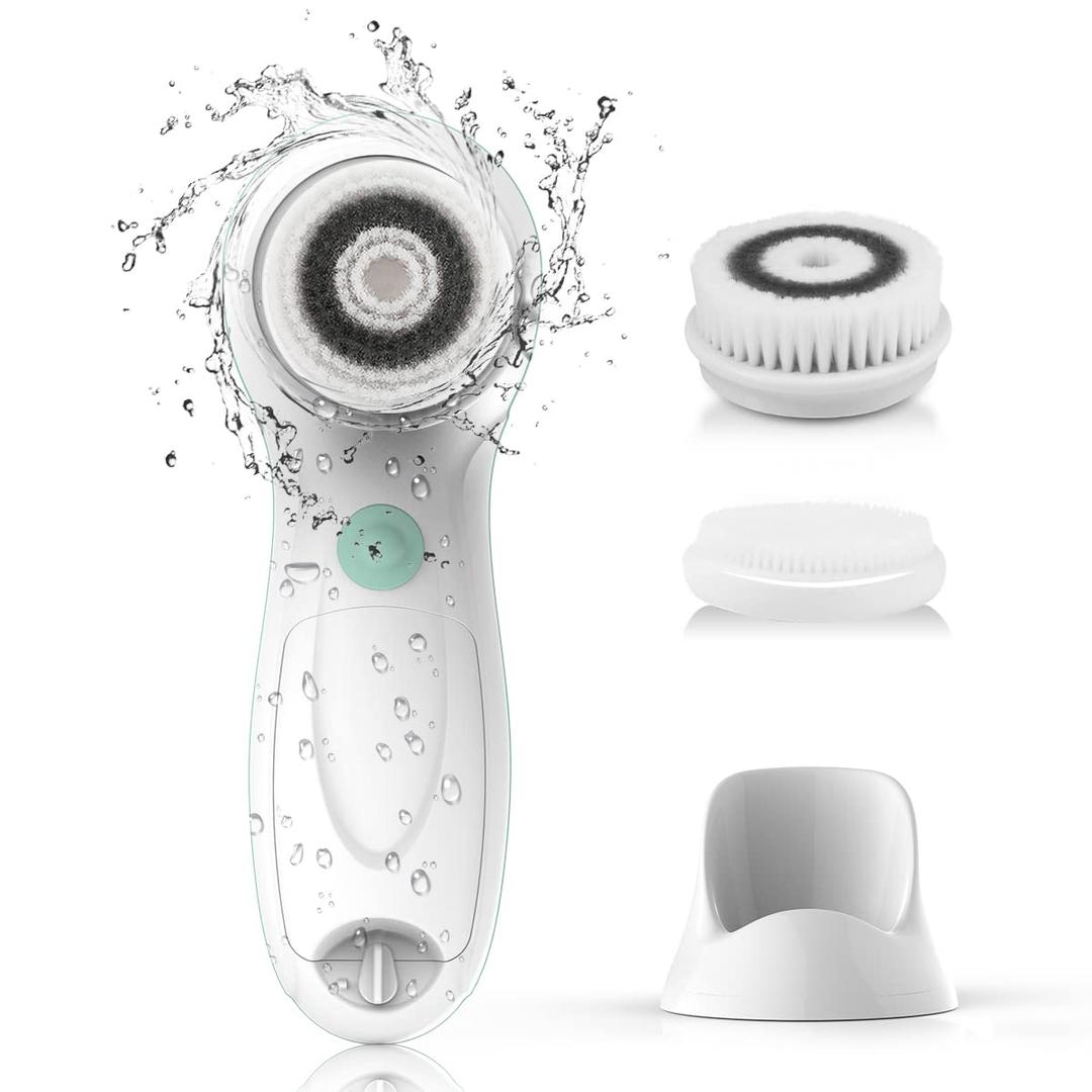 TOUCHBeauty Facial Cleansing Brush Electric, Face Cleansing Brush with Stand, 3 Brush Heads, 2 Speeds, IPX5 Waterproof, Battery-Powered, Suitable for All Skin Types, TB-0759D (White)