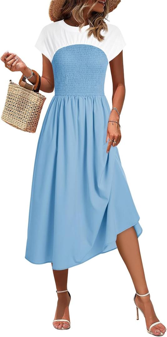 Wenrine Womens Casual Summer Midi Dress Smocked Cap Sleeve Crew Neck Color Block A Line Flowy Beach Dresses (Sky Blue)