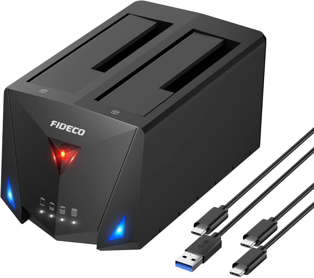 FIDECO USB 3.2 Gen 1 to Hard Drive Docking Station, Hard Drive Dock for 2.5 or 3.5 inch SATA I/II/III HDD SSD with Hard Drive Duplicator/Offline Clone Function and 2 USB Cables, Support UASP (Dual Bay Type-C)