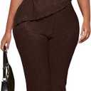 No Brand Women's Plus Size 2 Piece Outfits One Shoulder Asymmetrical Short Sleeve Shirt and Flare Pants Set , Extra Large 