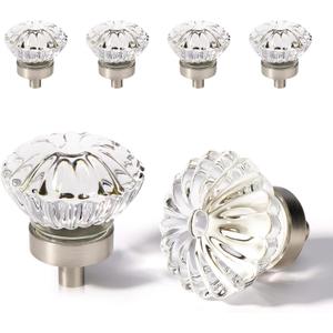Crystal Vintage Cabinet Knobs Cabinets Knob, 4 Pack Flower Glass Brushed Nickel Clear Crystals Small Pull for Closet Dresser Drawers Cupboard Wardrobe, Solid Retro Pulls Old Fashioned Drawer Handle