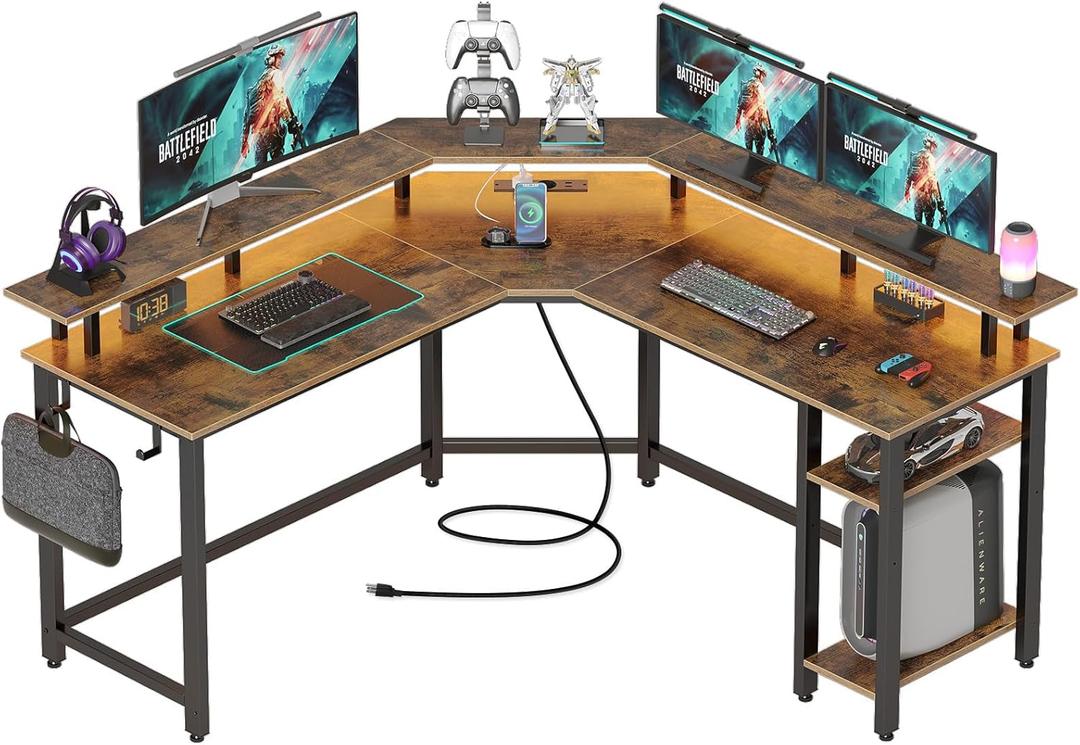 Rolanstar L Shaped Gaming Desk with LED Lights & Power Outlets, 46.2" Computer Desk with Full Monitor Stand & Storage Shelf, Corner Desk with Hooks, Rustic Brown Desk Reversible (53.0*46.2*34.1 inch)