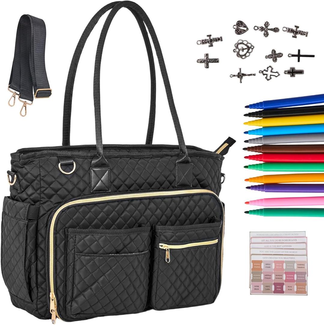 Large Bible Bag with Bible Cover Case for Women, Church Bag with Shoulder Strap, Quilted Bible Cover for Bible Study Supplies, a Christian Gift for Women, Black