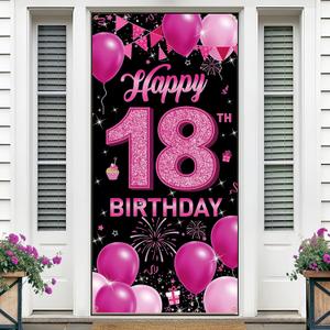 HTTZZI Happy 18th Birthday Decorations for Girls - Fabric 18 Years Old Birthday Backdrop Banner, Yard Sign, Photo Props Background - Hot Pink Birthday Party Decor Supplies for Women