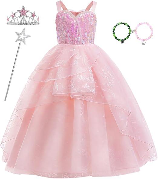 keaiyouhuo Kids Pink Witch Costume for Girls Pink Princess Sequins Tulle Dress Halloween Cosplay Outfits with 140