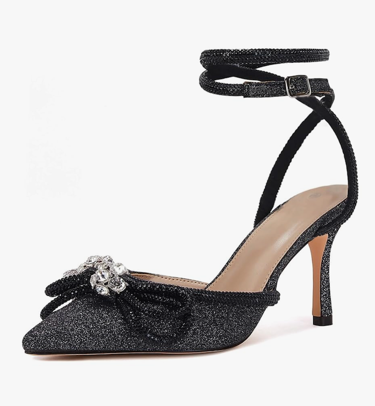 VETASTE Women's Double Bow Pointed Toe Ankle Strap Crystal Pumps Wedding Bridal Party Stilettos Backless Satin Heeled Sandals Black 7,5