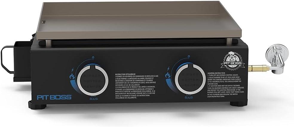 Pit Boss 2-Burner Propane Gas Portable Tabletop Griddle Grill with Soft Cover, 265-Sq. In. (18.5' L x 14.33' W) Cooking Space, 18,000 BTU, for Tailgating, Camping, and Traveling, Black
