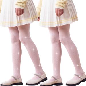 DANUOKU Girls glitter tights 2Pcs,lace black stockings,Kids Rhinestone stockings for girls (Pink,11-12 Years) (Pink)