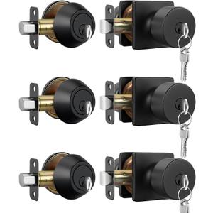 Goldenwarm Matte Black Exterior Door Knob with Lock and Key, Keyed-Different Deadbolt Lock and Door Knob Set 3 Pack Set, Deadbolt Exterior Key-Unique, Matte Black