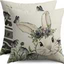 Spring Easter Pillow Covers 18X18 Set of 2, Bunny Rabbit Black Grey Floral Butterfly Egg Holiday Decorative Throw Pillowcases Vintage Seasonal Outdoor Farmhouse Cushion Cases Couch Sofa Bed Decor