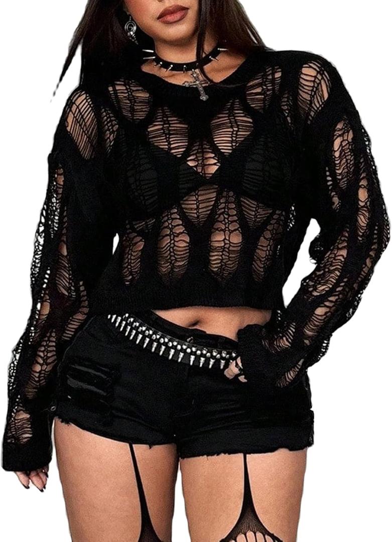 SHENHE Women's Plus Size Ripped Knit Top Sweater Hollow Out Goth Punk Grunge Y2k Sheer Crop Sweater (Black)