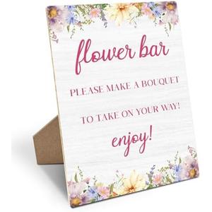 Flower Bar Sign, Wooden Sign with Stand Stand 8x11 Inches, Table Centerpieces for Bridal Shower, Wedding, Engagement, Brunch, Bachelorette, Birthday Party -04 Pack of 2