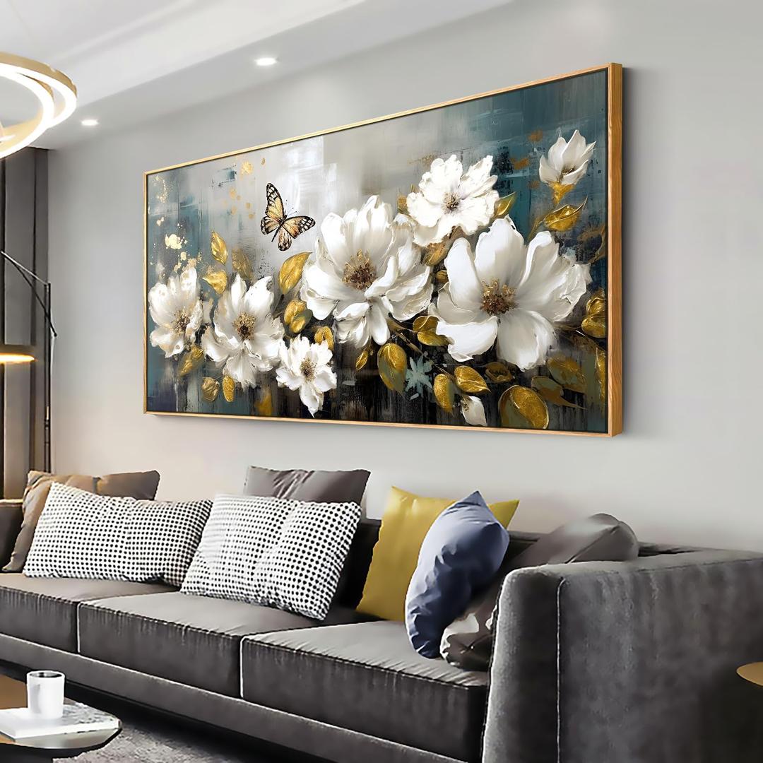 Wall Art Modern Flower Artwork Paintings White Blossom Gold Leaf Butterfly Landscape Picture wall Decor for Living Room Bedroom Kitchen 20"x40" with Framed