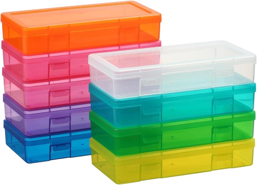 novelinks Plastic Small Storage Bins with Lids for Organizing, Mini Clear Storage Containers and Stackable Storage Box Organizer for Pencil Boxes, Task Boxes, Crayon Boxes (9 Pack Medium -Color)