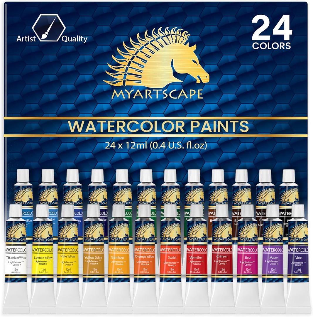 MyArtscape Watercolor Paint Set - 24 x 12ml Tubes - Lightfast - Vibrant Colors - Excellent Transparency - Kit for Vivid Watercolors Painting - Professional Artist Paint Supplies (9.6 Fl Oz (Pack of 1))