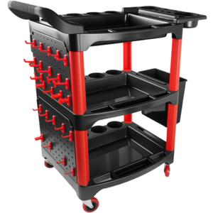 Auto Detailing Cart with Wheels, 3 Tier Rolling Detail Cart with Long Hanging Plate & Hooks & Hanging Bucket & Cat Ear Basket, for Detailers Garage, Workshop, Repair Shop, Storage Tool