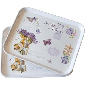 Large Serving Platter Melamine Trays 2 Pack Stackable Food Tray with Floral Print for Gift, Party, Decor, Home, Restaurant (Purple Lavender, Large)