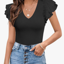 MISSJOY Womens V Neck Ruffle Short Sleeve Ribbed Slimming Basic Bodysuit Leotards Tops Blouses, Size M