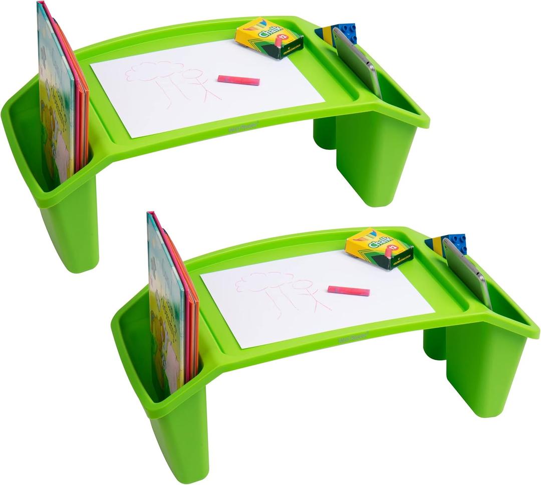 Mind Reader Kids Lap Desk, Portable Activity Tray with Side Storage, Stackable Plastic Desk for Drawing, Snacks, Study, Set of 2, Green
