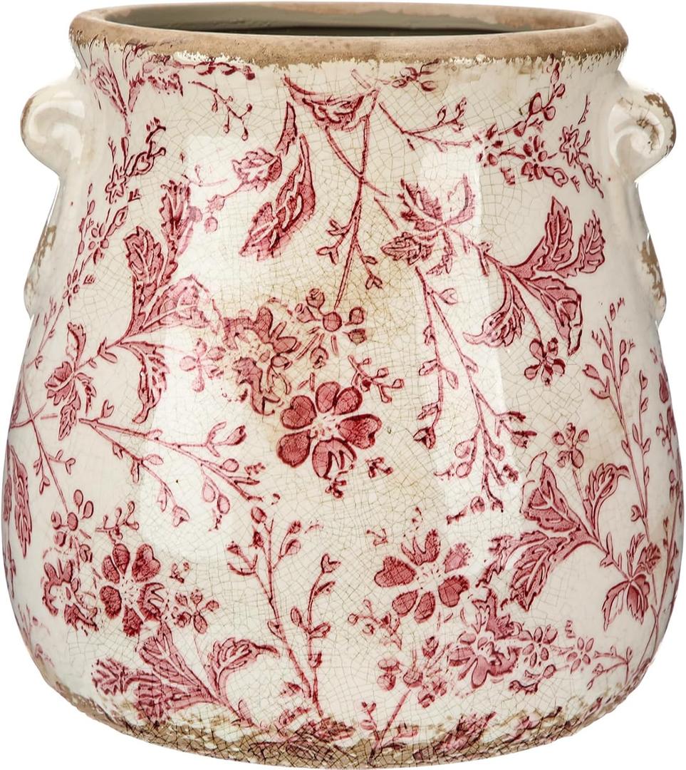 Ceramic Scroll Planter 6.5 Inch Chinoiserie Floral Vase with Drainage Holes Vintage Flower Vase Flower Pot Rustic Ceramic Pots for Indoor Plants Garden Home Bookshelf Decor(Retro Pink)