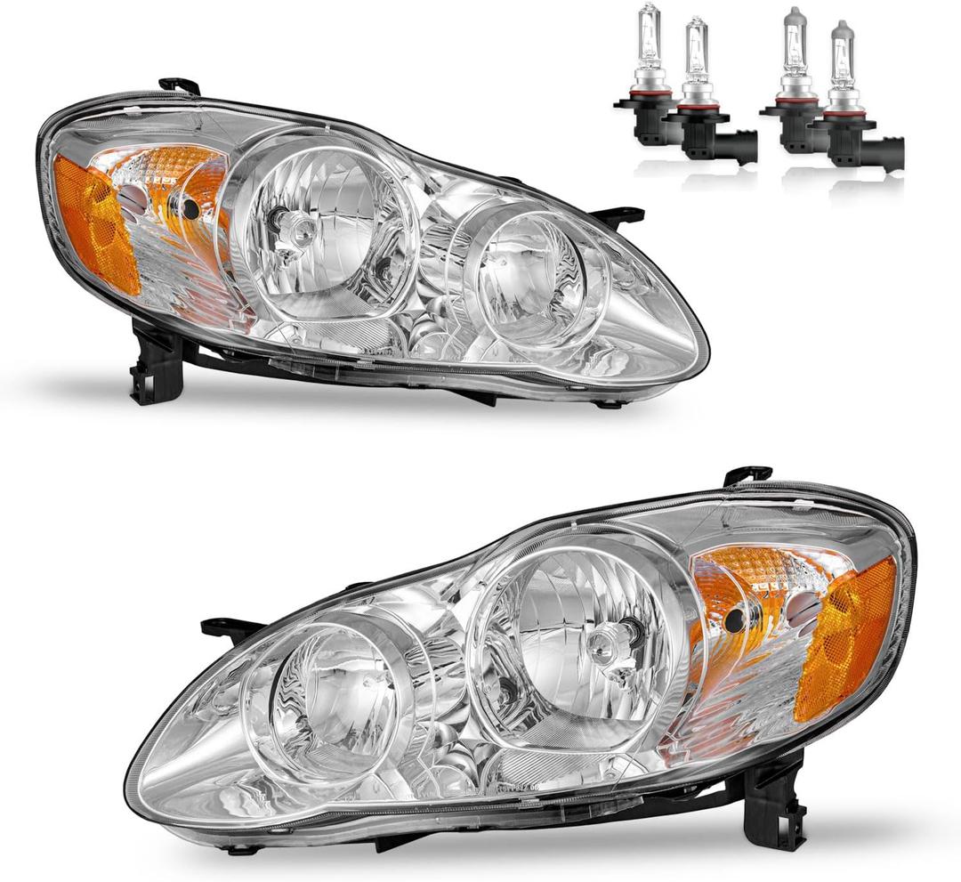 Headlights Assembly for 2003-2008 Toyota Corolla Headlamp Replacement Clear Lens Chrome Housing Amber Reflector Driver & Passenger Side (OE Replacement, Clear Lens I Chrome Housing I Amber Reflector)