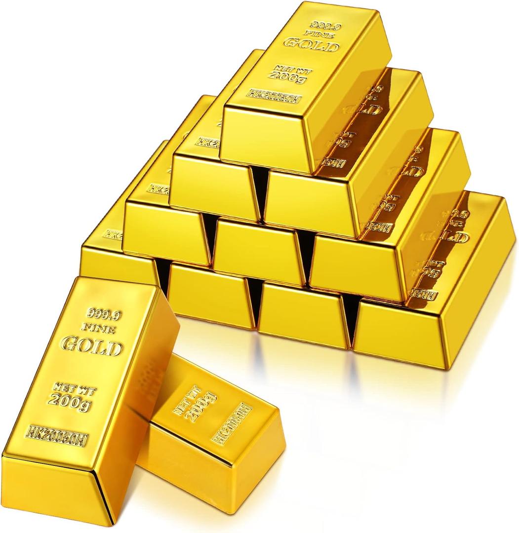 HyDren 12 Pcs Fake Gold Bar Replica Golden Bullion Glittering Brick Movie Prop Stage Decoration Christmas Treasure Hunt Game Pirate Party Favors Supplies Novelty Gift(2.4 x 1.1 x 0.7 Inch)