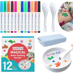 IRWPITW Magic Drawing Pen Bundle, 12 Colors Magical Water Painting Pens for Kids, Kiddies Create Magic Pen Floating Ink Drawings Set with Spoons and Towel, Tattoo Water Marker Gifts for Boys and Girls