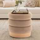 COLAMY Velvet Ottoman Footstool, Tufted Modern Foot Rest Stool with Wood Base for Living Room, Bedroom, Desk, Round Versatile Side End Table, Pouf, Makeup Seat, Camel