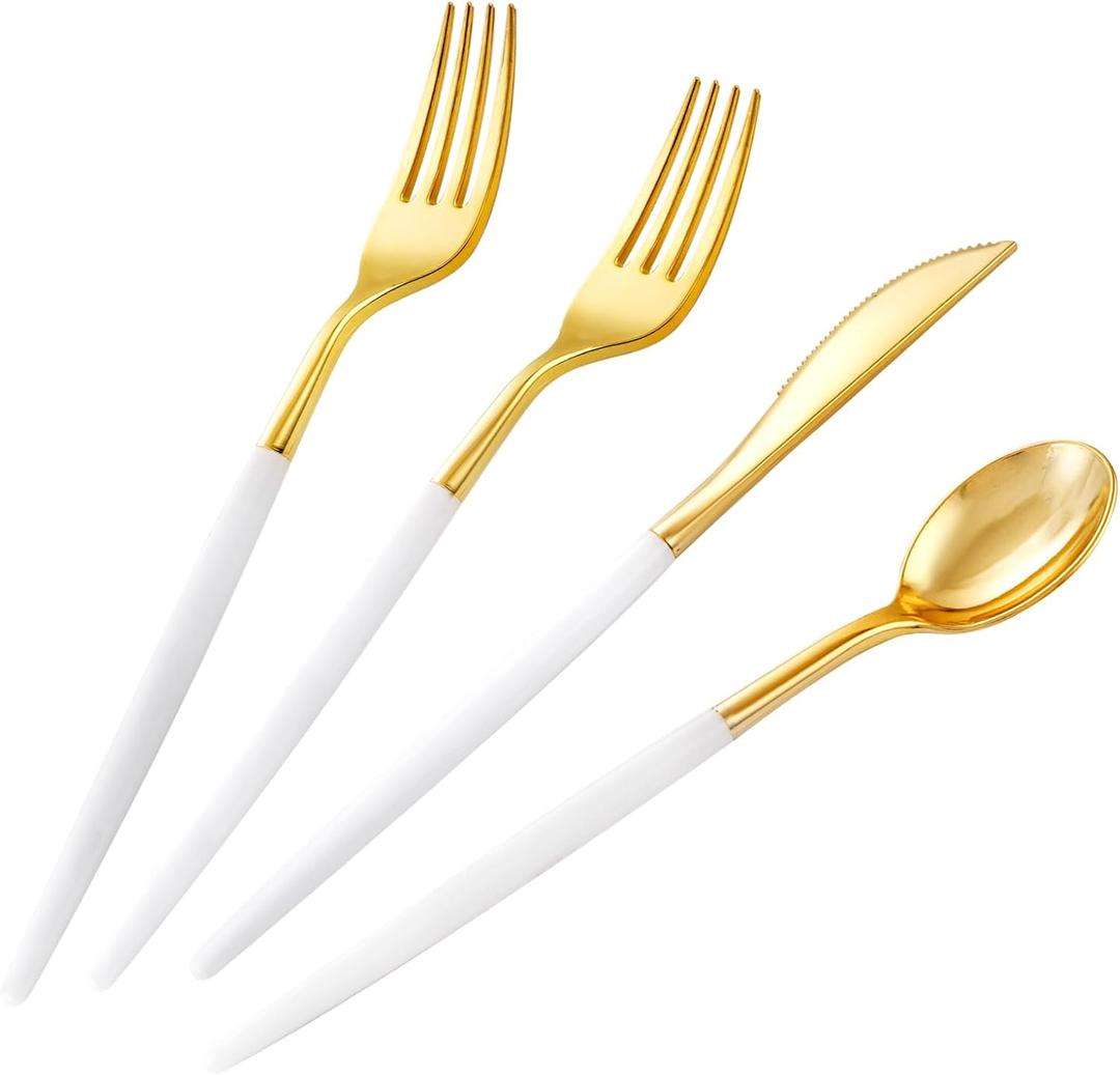 SUT Gold Plastic Silverware, 160Pcs Gold Utensils Set Disposable, 80 Gold Plastic Forks, 40 Gold Knives, 40 Gold Spoons, Gold Plastic Cutlery for Parties, Dinners, Weddings(White Gold)