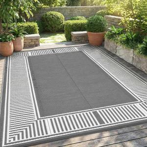 GAOMON Waterproof Outdoor Rug for Patios 9x12 Reversible Plastic Straw Area Rug, Indoor Outdoor Large RV Camping Carpet Mat for Picnic, Backyard, Deck, Balcony, Porch, Beach,Border-Grey