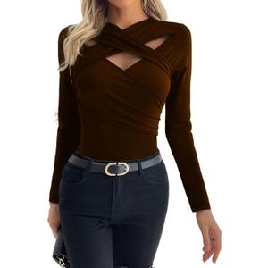 Womens Sexy Long Sleeve Cutout Tops Criss Cross V Neck Slim Fitted Spring Fall Casual Trendy Shirts (Brown, XS)