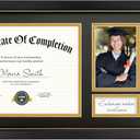 11x22 Diploma Frame with Tassel Holder, Graduate Frame for 8.5x11 Certificate Document and 4x6 Photo, Linen Texture Black over Gold Double Mats, HD Real Glass, Black with Gold Beads Embossing