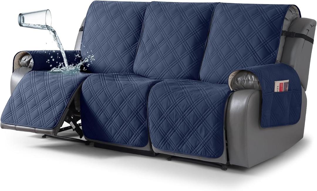TAOCOCO 100% Waterproof Recliner Sofa Covers 3 Seater, Split Couch Covers for Reclining Couches for Kids Pets, Non Slip Reclining Couch Covers Furniture Protector with Straps (3 Seater, Navy Blue)