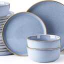 GBHOME Ceramic Dinnerware Sets for 8, 24 Pieces Stoneware Plates and Bowls Sets, Scratch Resistant Dishes, Dishwasher & Microwave Safe, Reactive Glaze-Brunnera Blue