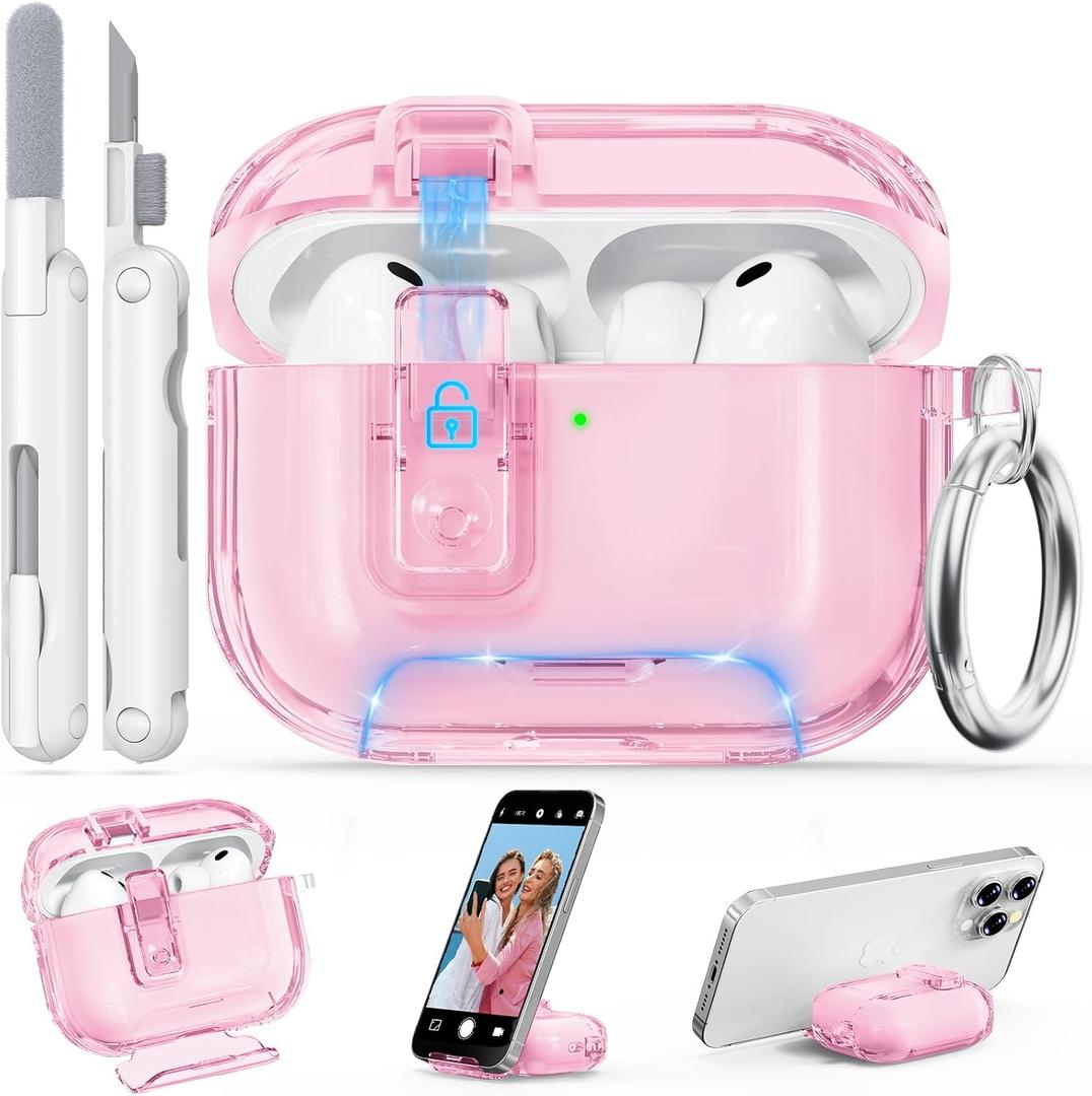 for AirPods Pro 3 Clear Case 2025 with Secure Lock, Soft TPU Transparent Case Cover for Apple AirPods Pro 3rd Generation with Phone Stand & Cleaning Kit for Women Men with Keychain,Clear Pink