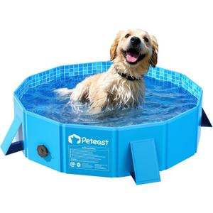 Peteast Foldable Dog Kiddie Pool with Stable Side Support, Hard Plastic Shell Portable Dog Pool, Collapsible Swimming Pools for Pet and Kids, 32 in, Blue 