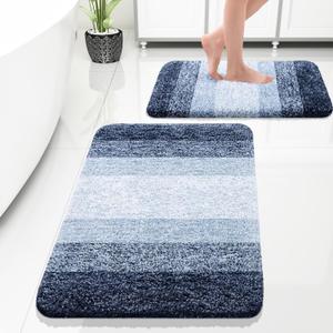 OLANLY Bathroom Rug Set 2 Piece, Soft Absorbent Microfiber Bath Rug Set, Non-Slip, Machine Wash Dry, Plush Shaggy Bath Mats for Bathroom (30"x20"+24"x16", Dark Blue) (30" x 20" + 24" x 16")