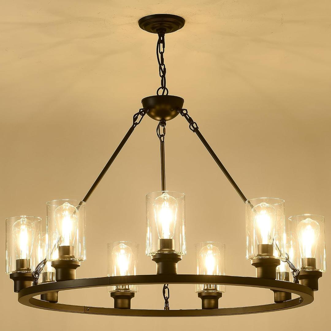 Black Wagon Wheel Chandelier 32 Inch Modern Farmhouse Glass Pendant Light 9-Light Ceiling Hanging Lighting Fixtures for Living Room Dining Room Kitchen Island Foyer