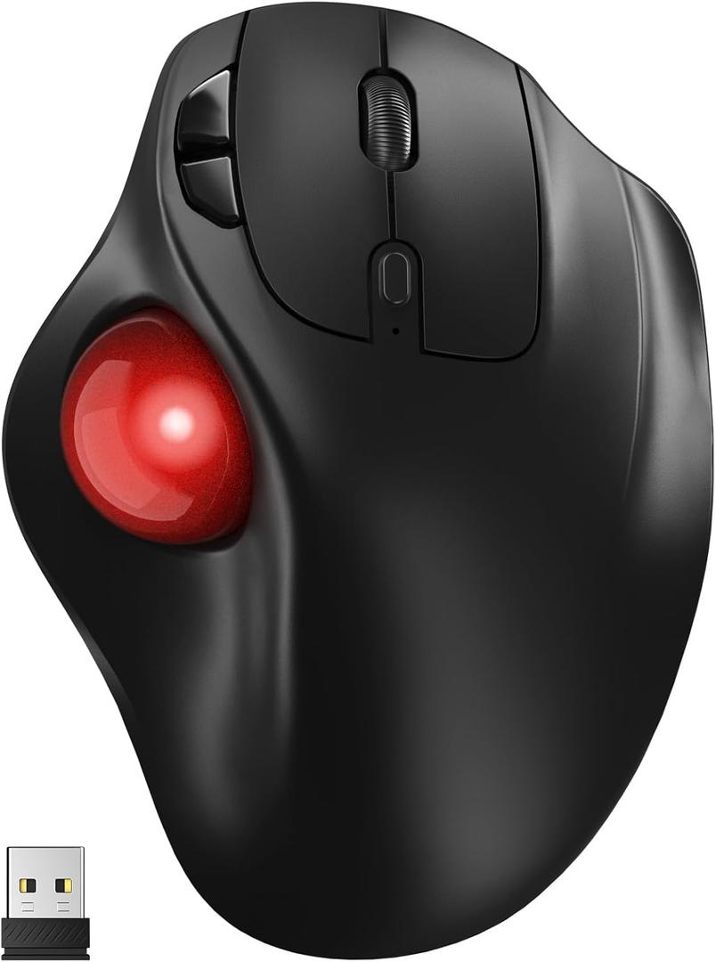 Ergonomic Wireless Trackball Mouse, 3 Device Connection (Bluetooth or 2.4G USB Receiver) Bluetooth Quiet Computer Mouse, 2*AAA Battery Thumb Laptop Mice with 5 Level DPI for PC/Laptop/Mac/Windows Red