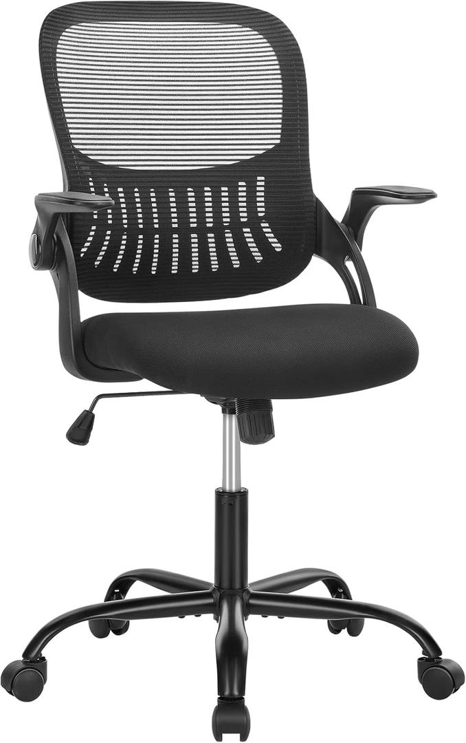 SMUG Office Computer Desk Chair, Ergonomic Mid-Back Mesh Rolling Work Swivel Task Chairs with Wheels, Comfortable Lumbar Support, Comfy Flip-up Arms for Home, Bedroom, Gaming, Study, Student (Night Black)