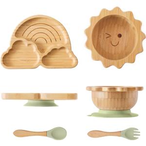Bamboo Suction Plates Bowls Set for Baby Toddler Divided Platter Food bowl with Silicone Fork & Spoon All-Natural Baby Feeding Set for Baby-Led Weaning, Non-Slip Design