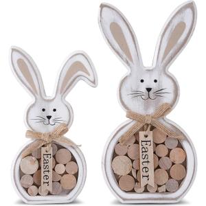 Easter Decorations, 2Pcs Easter Table Decorations for home,Farmhouse Retro Wooden Bunny with Easter Sign Tiered Tray Decor for Fireplace Tabletop,Rustic Spring Party Outdoor Indoor Decor,Easter Gifts for Kids (White)