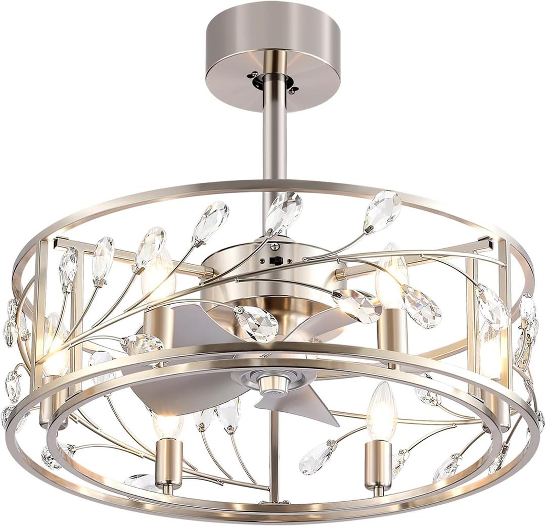 20 Inch Caged Ceiling Fan with Light and Remote, Quiet Reversible AC Motor, 5 ABS Blades, Modern Industrial Crystal Low Profile Small Ceiling Fan Light for Bedroom Home Indoor (Satin Nickel)
