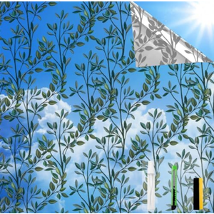 QHYsunshine One Way Privacy Film, Window Tint for Home,Daytime Reflective, Anti UV Static Cling Sliding Door Coverings No Glue Garage Solar Paper (Black - Silver-Leaves, 35.4X 78.7 in)