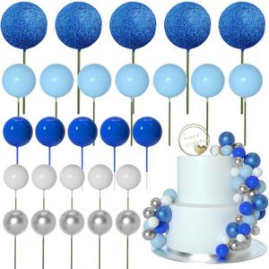 ASTARON 50 Pcs Ball Cake Topper Sticks Mini Balloons for Decorating Supplies Foam Balls Cake Toppers for Baby Shower, Birthday - Blue Series