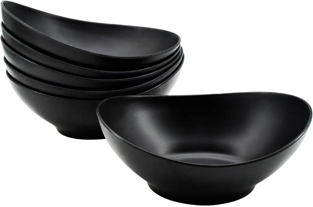 Oval Salad Bowls 34oz, Bamboo Fiber Serving Bowls Set of 6, 8.8" Large Bowls for Kitchen Eating & Restaurant, Deep Soup Bowls Set for Salad, Fruit,Pasta,Vegetable, Ramen, Dishwasher Safe, Black